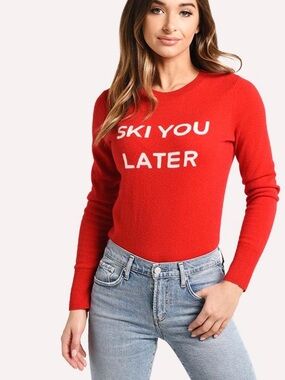 Frame Denim Red Crewneck Sweater with White 'Ski You Later' Text